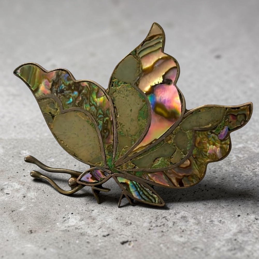 Vintage Taxco Sterling Silver Mexico Inlaid Stone Abalone Butterfly Brooch